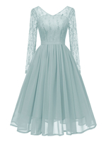 1950er Retro Kleid Pastellblau Lange Ärmel V-Ausschnitt Polyester Swing Kleid Retro Kleid
