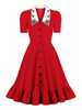 1950er Retro Kleid Peter Pan Kragen Knöpfe Stretch Kurze Ärmel Mittleres Rotes Rockabilly Kleid