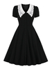 1950er Retro Kleid Peter Pan Kragen Knöpfe Stretch Kurze Ärmel Mittleres Schwarzes Rockabilly Kleid