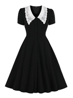 1950er Retro Kleid Peter Pan Kragen Knöpfe Stretch Kurze Ärmel Mittleres Schwarzes Rockabilly Kleid