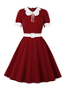1950er Retro Kleid Peter Pan Kragen Plissee Stretch Kurze Ärmel Langes Zweifarbiges Swingkleid