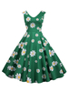 1950er Retro Kleid Peter Pan Kragen Ärmellos Blumendruck Muster Grünes Swingkleid