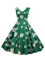 1950er Retro Kleid Peter Pan Kragen Ärmellos Blumendruck Muster Grünes Swingkleid