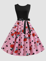 1950er Retro Kleid Rosa Blumendruck Schärpe Ärmellos Jewel Neck Polka Dots Swing Dress