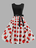 1950er Retro Kleid rot bedrucktes Muster Schärpe ärmelloses Jewel Neck Swing Dress