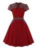 1950er Retro-Kleid Rot zweifarbige Stretch-Schleifen Kurze Ärmel Juwel-Ausschnitt Rotes Swing-Kleid