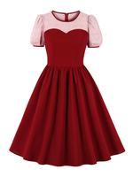 1950er Retro-Kleid Rot Zweifarbige Stretch-Spitze Kurze Ärmel Jewel Neck Rotes Swing-Kleid