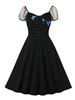 1950er Retro Kleid Schwarz Animal Print Stretch Knöpfe Kurze Ärmel Square Neck Rockabilly Kleid