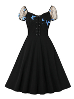 1950er Retro Kleid Schwarz Animal Print Stretch Knöpfe Kurze Ärmel Square Neck Rockabilly Kleid