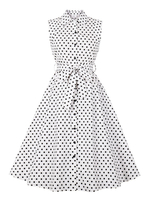 1950er Retro Kleid Umlegekragen Knöpfe Stretch Ärmellos Langes Polka Dot Rockabilly Kleid