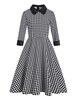 1950er Retro Kleid Umlegekragen Plissee Stretch Lange Ärmel Langes Schwarzes Kariertes Rockabilly Kleid