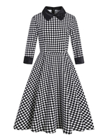 1950er Retro Kleid Umlegekragen Plissee Stretch Lange Ärmel Langes Schwarzes Kariertes Rockabilly Kleid