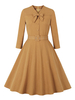 1950er Retro Kleid V-Ausschnitt Umlegekragen Schleifen Stretch Lange Ärmel Orange Langes Rockabilly Kleid