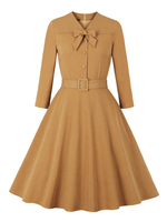 1950er Retro Kleid V-Ausschnitt Umlegekragen Schleifen Stretch Lange Ärmel Orange Langes Rockabilly Kleid