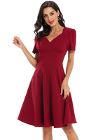 1950er Vintage Kleid Burgunderrot Kurzarm V-Ausschnitt Swingkleid