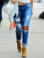 2020 Fashione Jeans aus Denim in Dunkelblau Cutouts im künstlichen gealterten Stil