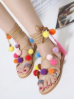 2020Sandalen Frauen Gladiator Boho Toe Loop flache Sandale Schuhe Brown Lace Up Sandalen mit Pom Poms