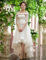 2022 A-Linie Brautkleider High Low von der Schulter Brautkleid Organza Half Sleeve Blumen Sash Brautkleid Milanoo