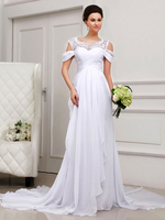 A-Linie-Brautkleid aus Chiffon mit Carmenausschnitt und Spitzen und Kapelle-Schleppe in Weiß Milanoo