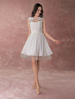 A-Linie-Brautkleid aus Chiffon mit Rundkragen und Blumen-Deko Mini-Kleid in Elfenbeinfarbe Milanoo