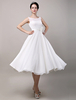 A-Linie-Brautkleid aus Chiffon und Bateau-Kragen und Gürtel wadenlang in Elfenbeinfarbe