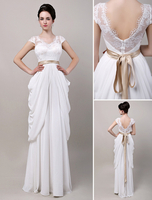 A-Linie-Brautkleid aus Chiffon und V-Ausschnitt und Gürtel bodenlang in Elfenbeinfarbe