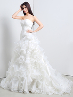 A-Linie-Brautkleid aus Organza mit Herz-Ausschnitt mit Rüschen Mit Schleppe in Elfenbeinfarbe