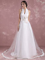 A-Linie Brautkleid aus Satin mit Halter und Schleife in Weiß
