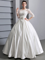A-Linie-Brautkleid aus Satingewebe mit Rundkragen und Spitzen bodenlang in Elfenbeinfarbe Milanoo