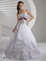 A-Linie-Brautkleid aus Satingewebe mit trägerlosem Design und Perlen-Applikation mit Hof-Schleppe in Weiß
