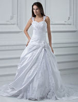 A-Linie-Brautkleid aus Satingewebe und Herz-Ausschnitt und Falten mit Hof-Schleppe in Weiß