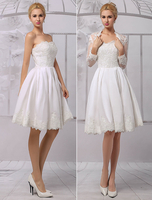A-Linie-Brautkleid aus Satingewebe und trägerlosem Design und Spitzen knielang in Elfenbeinfarbe