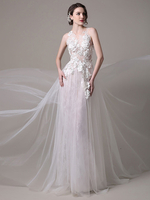 A-Linie-Brautkleid aus Spitze mit Rundkragen und Spitzen Mit Schleppe in Elfenbeinfarbe Milanoo
