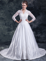 A-Linie-Brautkleid aus Spitze mit V-Ausschnitt und Pailletten und Hof-Schleppe in Weiß