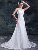 A-Linie-Brautkleid aus Spitze mit V-Ausschnitt und Pailletten und Schleppe in Weiß