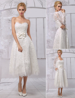 A-Linie-Brautkleid aus Spitze und Rundkragen mit Gürtel wadenlang in Elfenbeinfarbe Milanoo