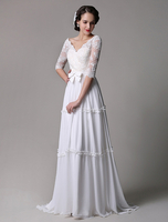 A-Linie-Brautkleid aus Spitze und V-Ausschnitt und Schleife bodenlang in Elfenbeinfarbe