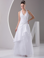 A-Linie-Brautkleid aus Taft mit V-Ausschnitt und Deko-Applikation bodenlang in Weiß