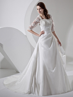 A-Linie-Brautkleid aus Taft und viereckigem Ausschnitt und Perlen-Applikation und Hof-Schleppe in Elfenbeinfarbe