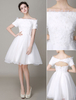 A-Linie-Brautkleid aus Tüll mit Bateau-Kragen mit Blumen-Deko knielang in Elfenbeinfarbe Milanoo