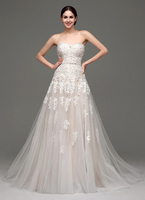 A-Linie-Brautkleid aus Tüll mit Herz-Ausschnitt mit Spitzen Mit Schleppe in Champagnerfarbe