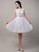 A-Linie-Brautkleid aus Tüll mit Rundkragen mit Gürtel knielang in Elfenbeinfarbe