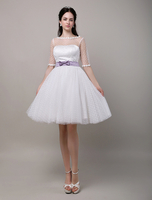 A-Linie-Brautkleid aus Tüll mit Rundkragen mit Gürtel knielang in Elfenbeinfarbe