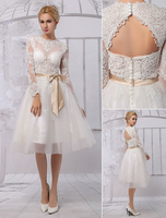A-Linie-Brautkleid aus Tüll mit Rundkragen und Gürtel knielang in Elfenbeinfarbe Milanoo