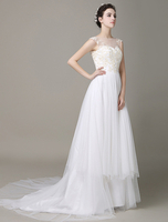 A-Linie-Brautkleid aus Tüll mit Rundkragen und Spitzen Mit Schleppe in Elfenbeinfarbe Milanoo