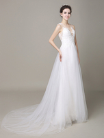 A-Linie-Brautkleid aus Tüll und V-Ausschnitt und Spitzen Mit Schleppe in Elfenbeinfarbe Milanoo