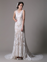 A-Linie-Brautkleid aus und V-Ausschnitt und Spitzen Mit Schleppe in Elfenbeinfarbe