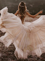 A Linie Brautkleid Nude Tönen Tüll V-Ausschnitt ärmellos A Linie Hochzeitskleid