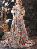 Abendkleid A-Line Jewel Neck Lace Mit Train Lace Social Party Kleider