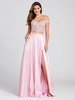 Abendkleid A-Linie Bateau-Ausschnitt Spitze Ärmellos Rückenfrei Split Front Satin Stoff Spitze Rosa Partykleider
